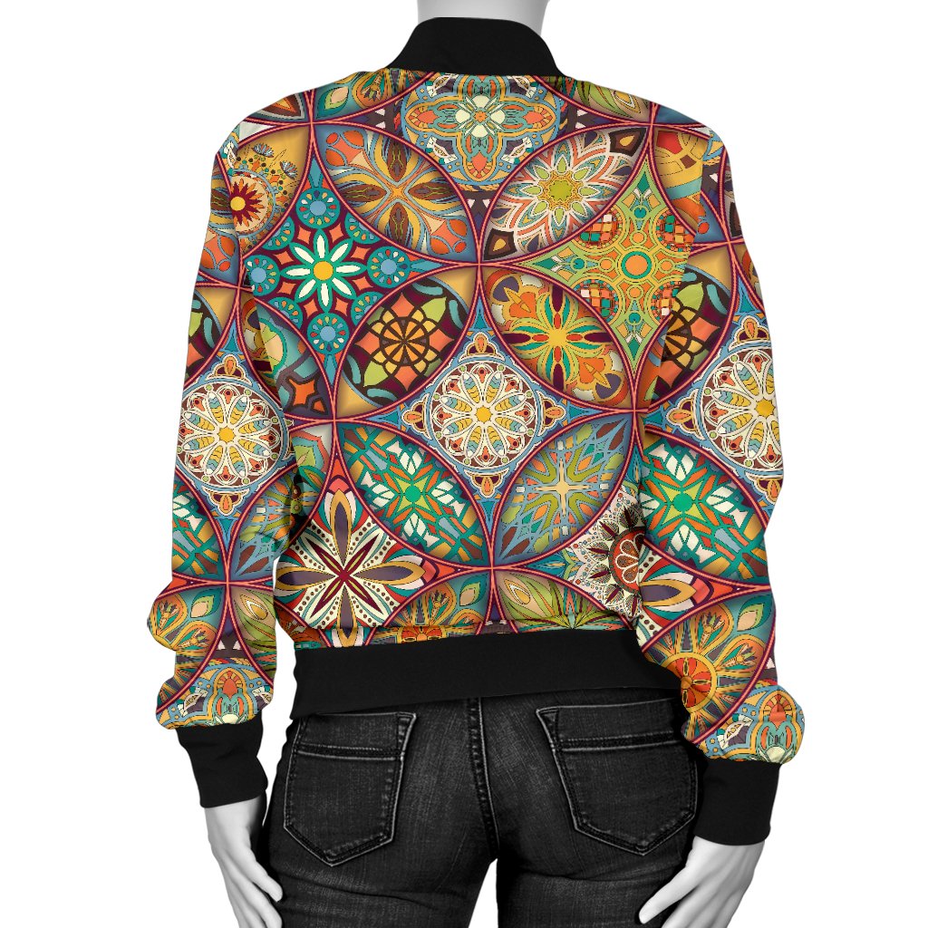 Mandala Flower Themed Design Print Women Casual Bomber Jacket