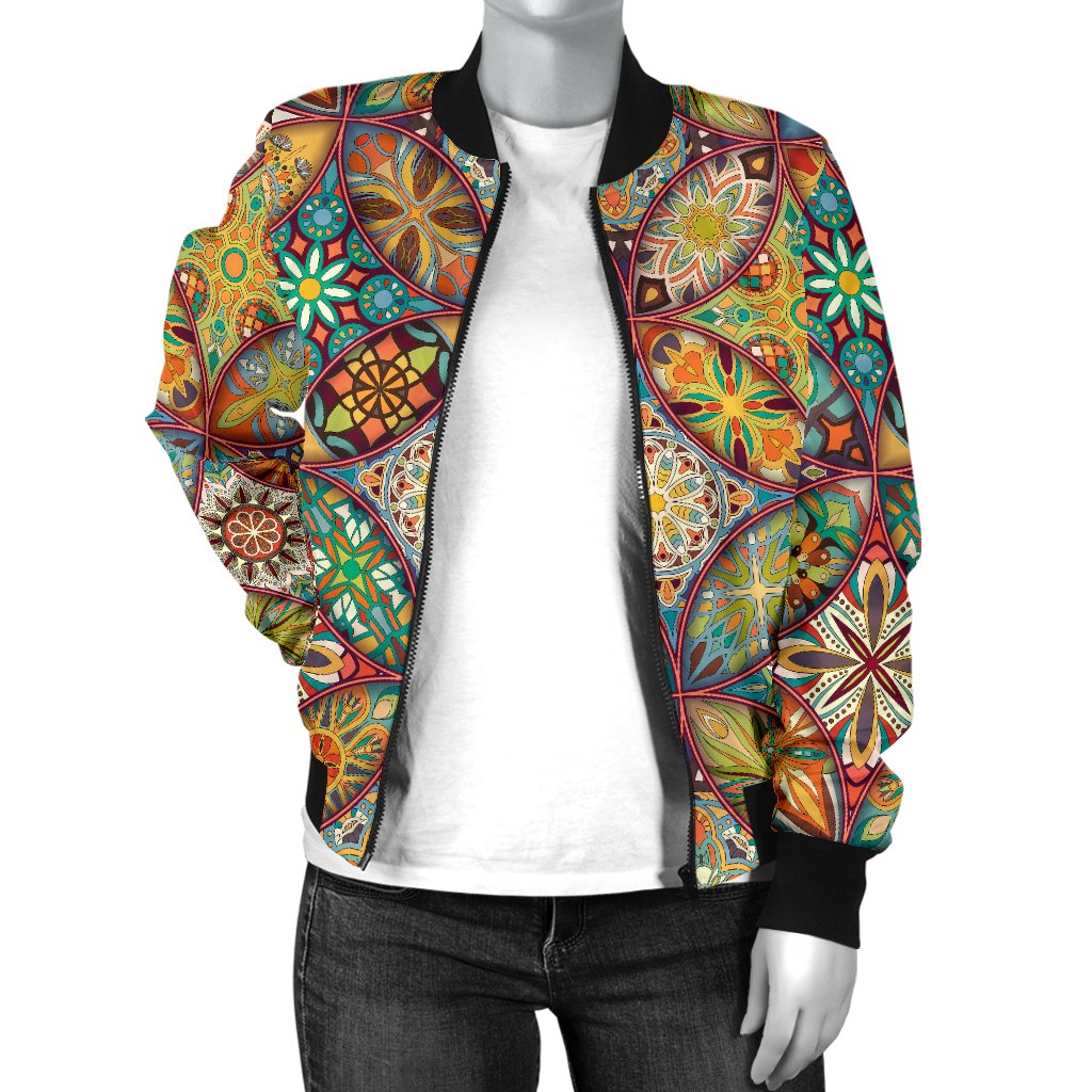 Mandala Flower Themed Design Print Women Casual Bomber Jacket
