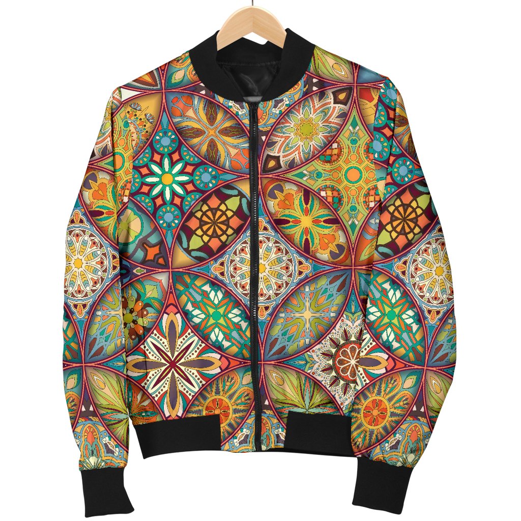 Mandala Flower Themed Design Print Women Casual Bomber Jacket