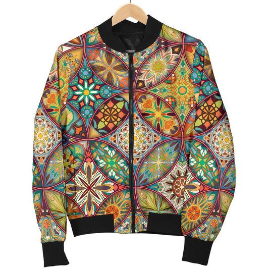 Mandala Flower Themed Design Print Women Casual Bomber Jacket