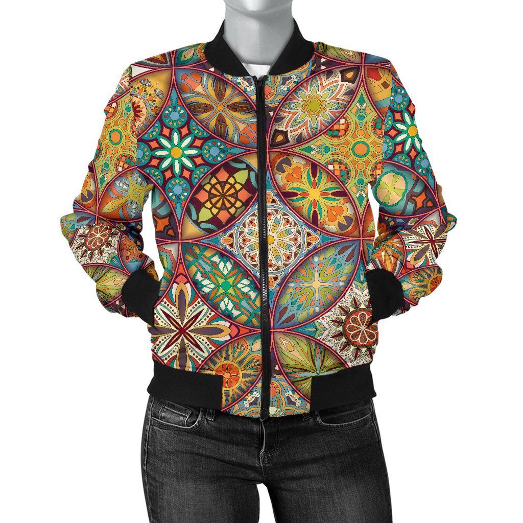 Mandala Flower Themed Design Print Women Casual Bomber Jacket