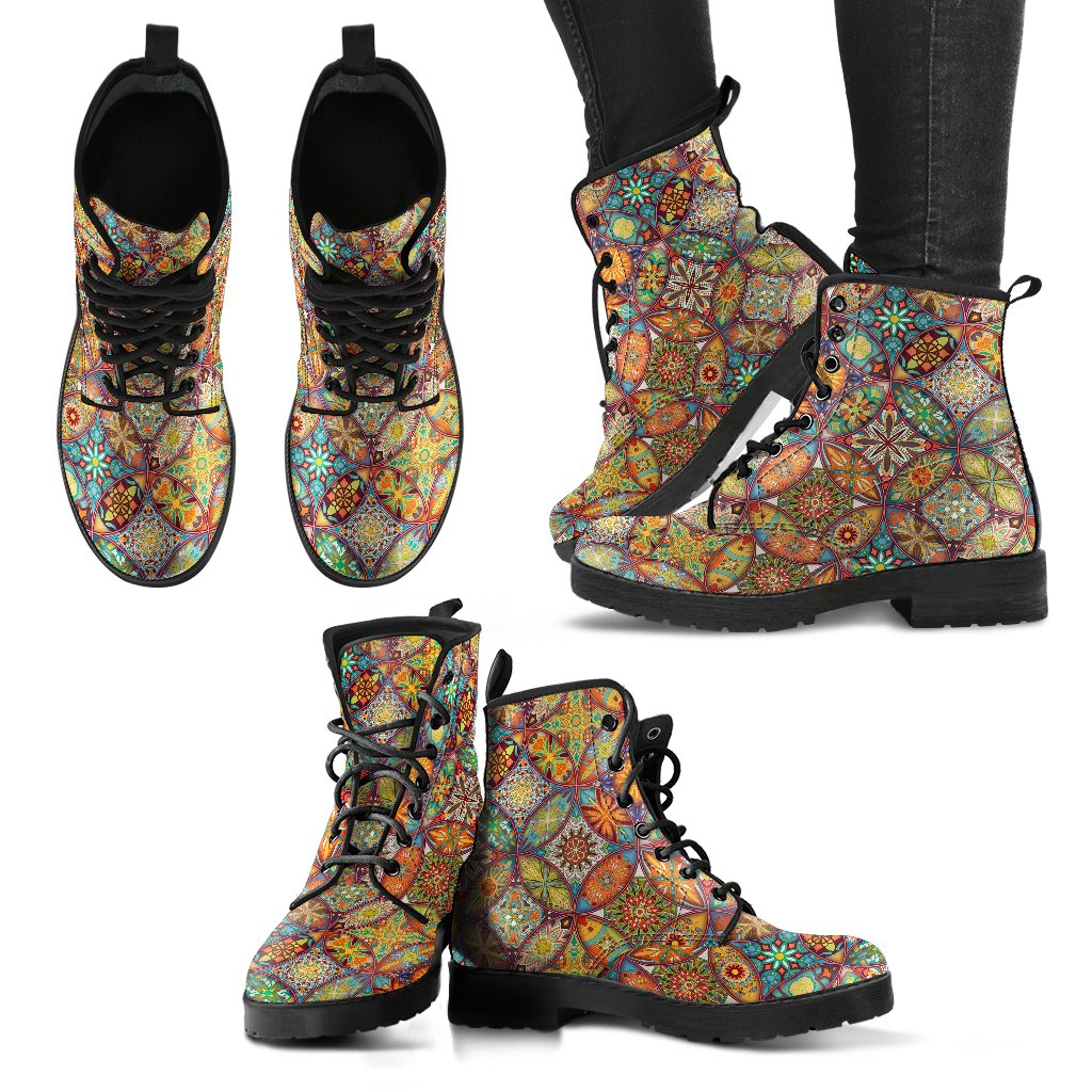Mandala Flower Themed Design Print Women Leather Boots-JTAMIGO.COM