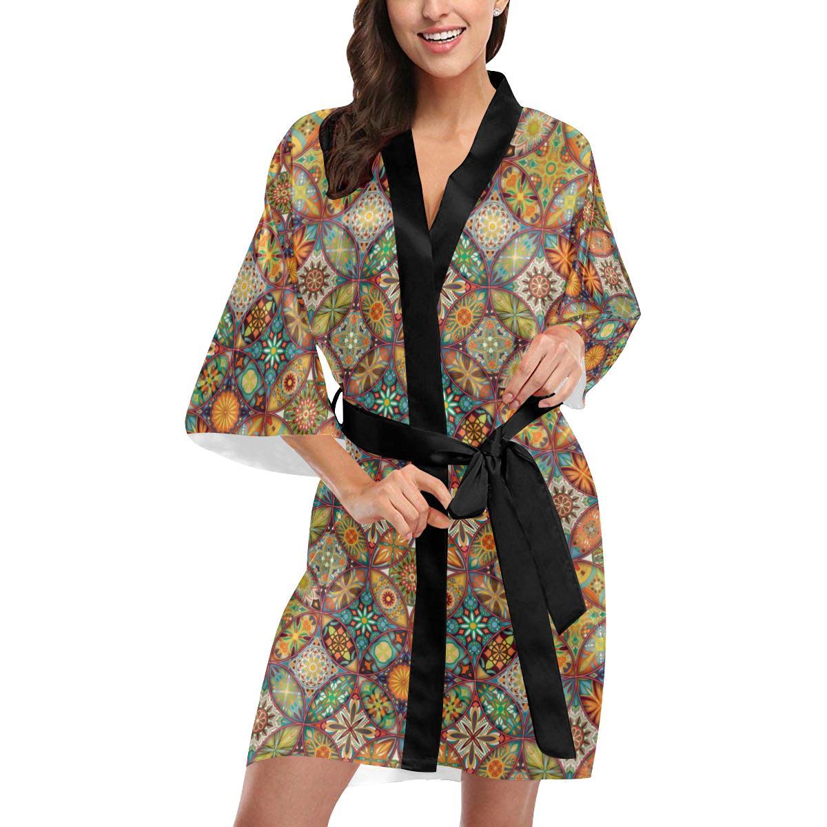 Mandala Flower Themed Design Print Women Short Kimono Robe