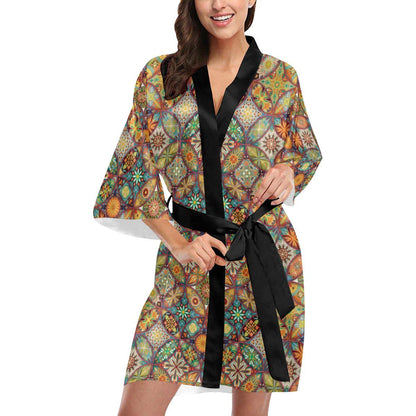 Mandala Flower Themed Design Print Women Short Kimono Robe