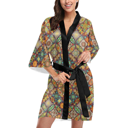 Mandala Flower Themed Design Print Women Short Kimono Robe