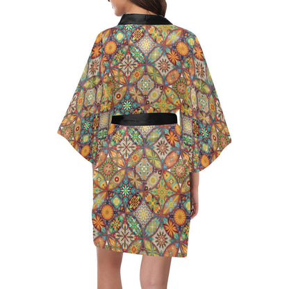 Mandala Flower Themed Design Print Women Short Kimono Robe