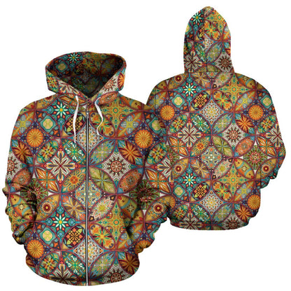 Mandala Flower Themed Design Print Zip Up Hoodie