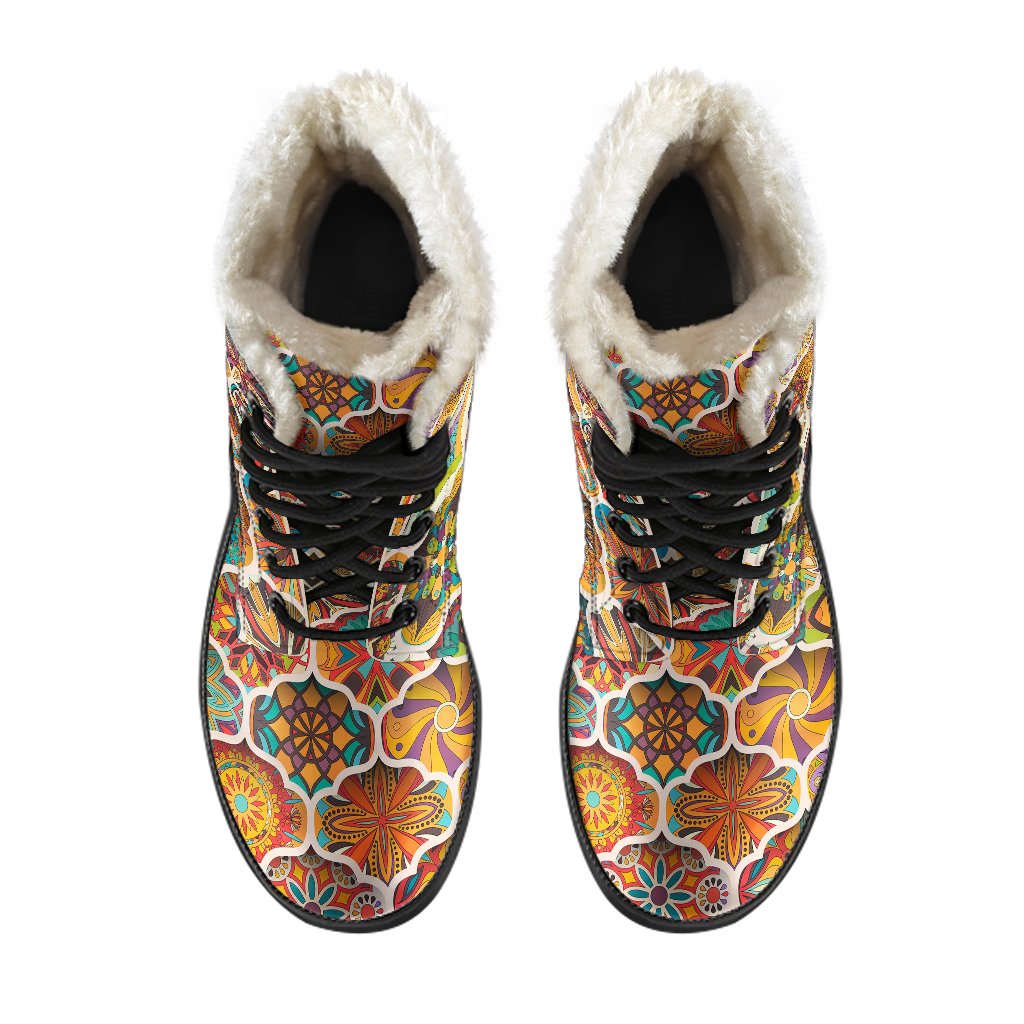 Mandala Mosaic Themed Design Print Faux Fur Leather Boots-JTAMIGO.COM