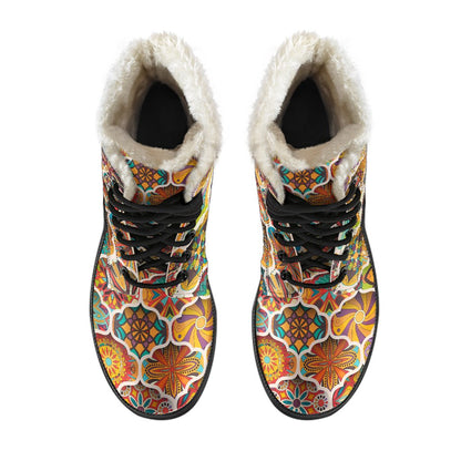 Mandala Mosaic Themed Design Print Faux Fur Leather Boots-JTAMIGO.COM