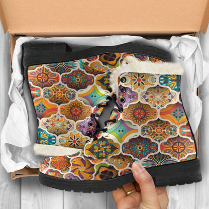 Mandala Mosaic Themed Design Print Faux Fur Leather Boots-JTAMIGO.COM