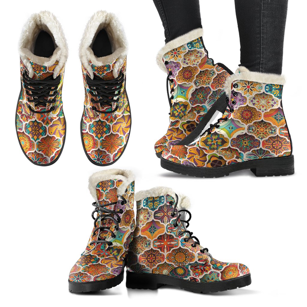 Mandala Mosaic Themed Design Print Faux Fur Leather Boots-JTAMIGO.COM