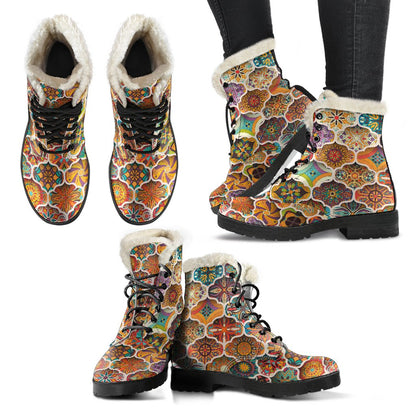 Mandala Mosaic Themed Design Print Faux Fur Leather Boots-JTAMIGO.COM