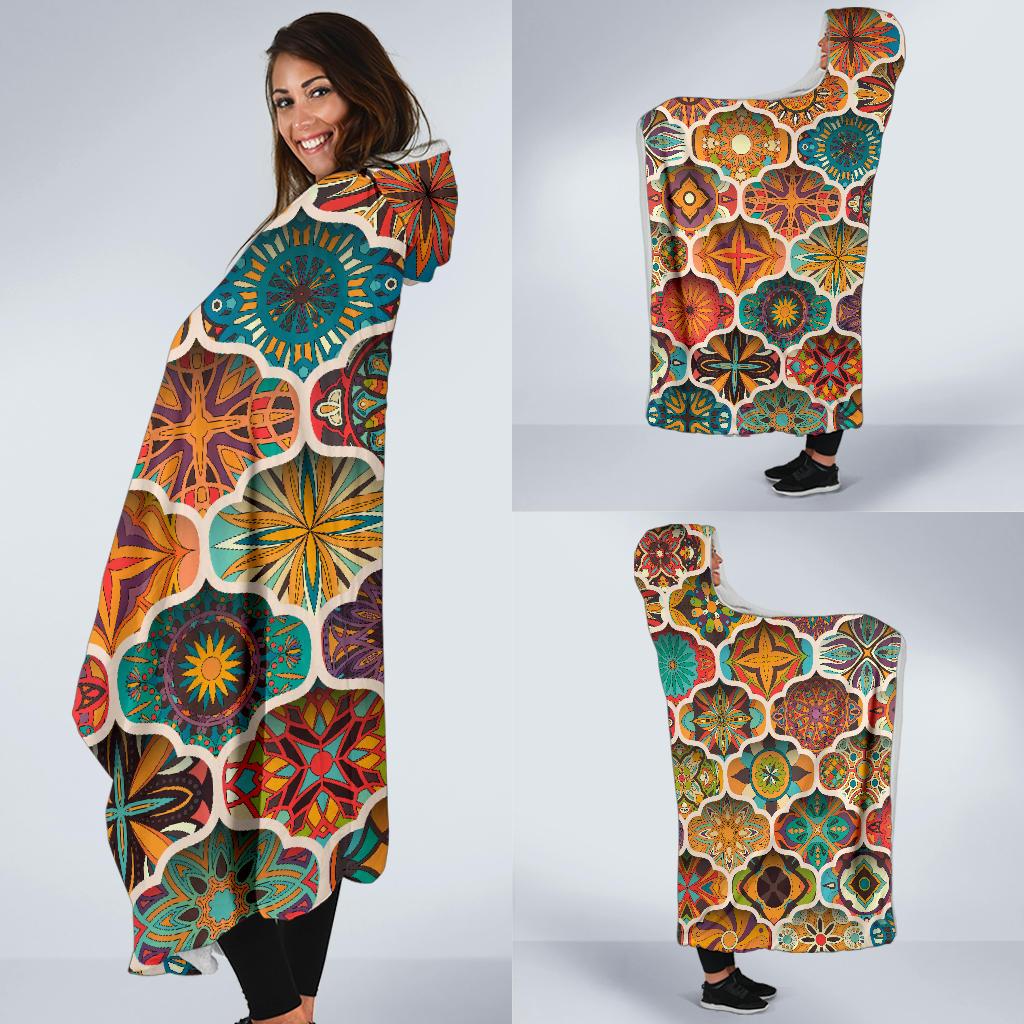 Mandala Mosaic Themed Design Print Hooded Blanket-JTAMIGO.COM