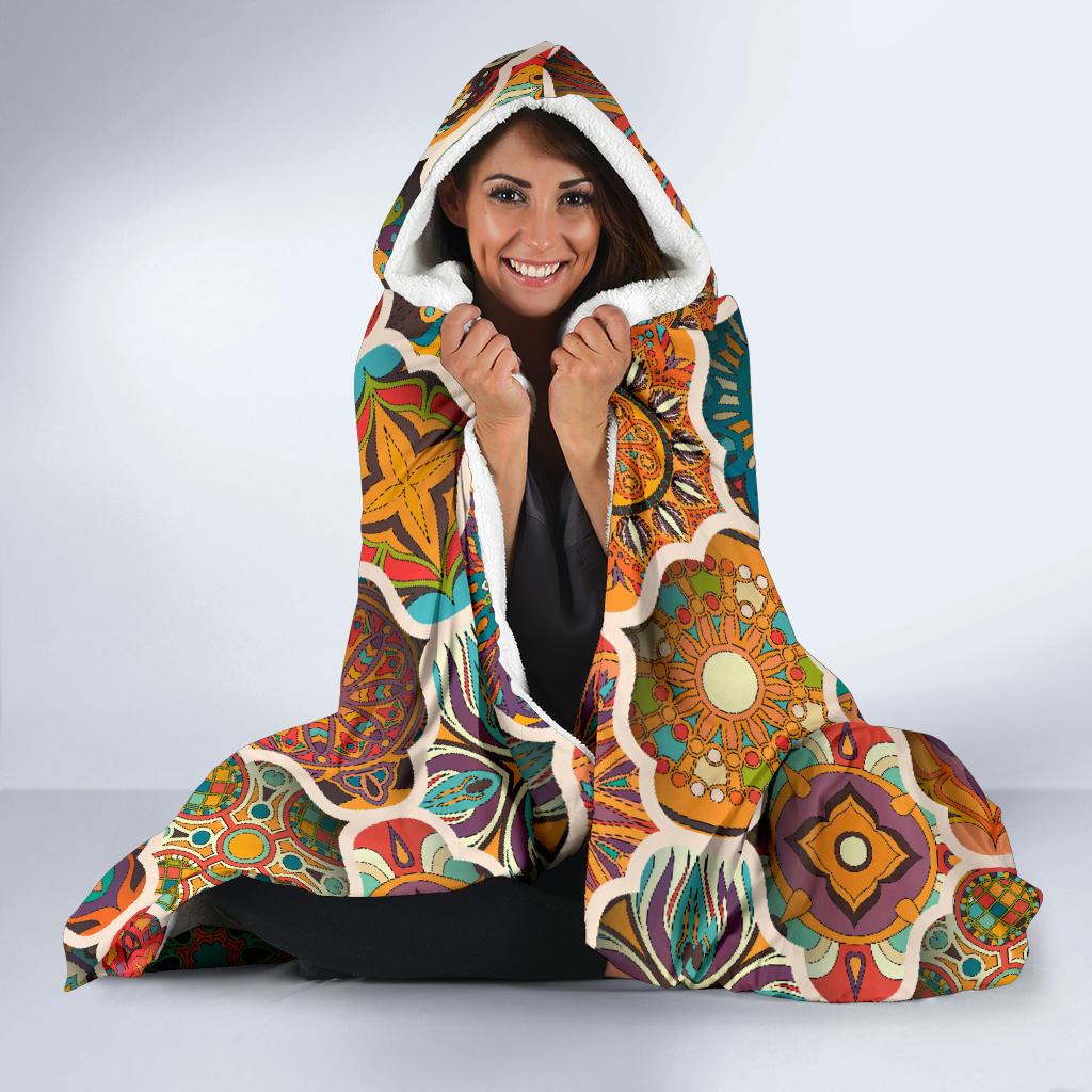 Mandala Mosaic Themed Design Print Hooded Blanket-JTAMIGO.COM