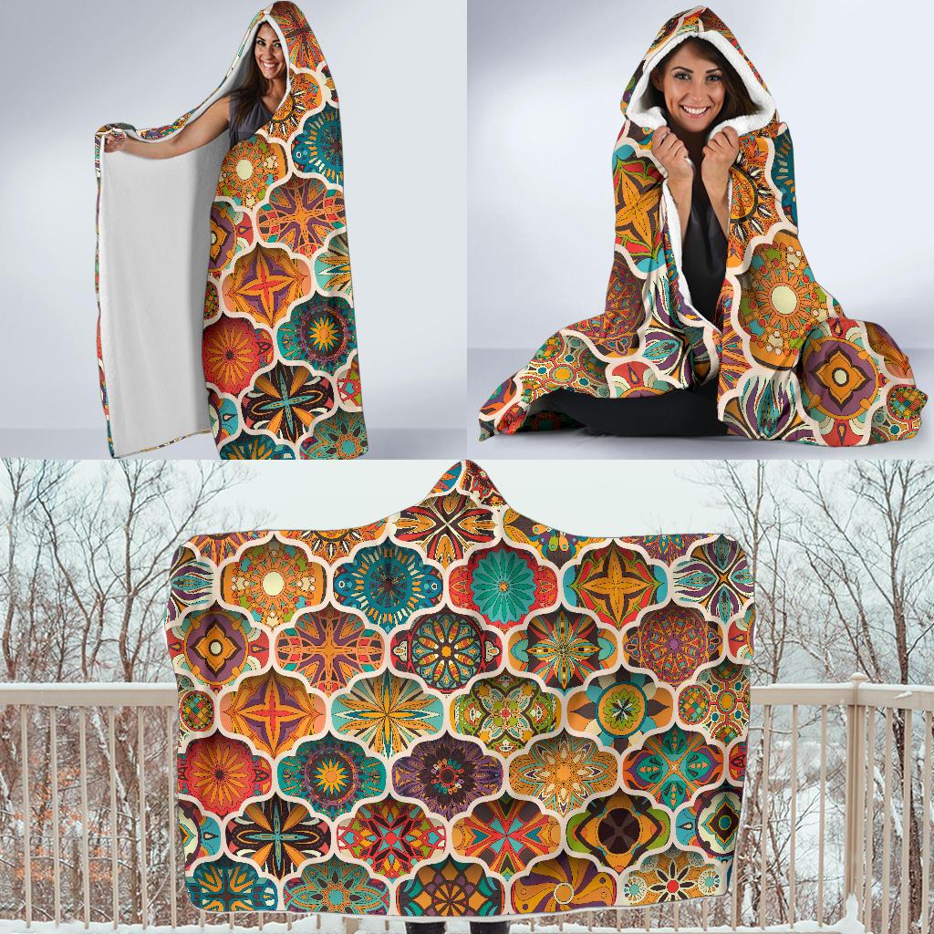 Mandala Mosaic Themed Design Print Hooded Blanket-JTAMIGO.COM