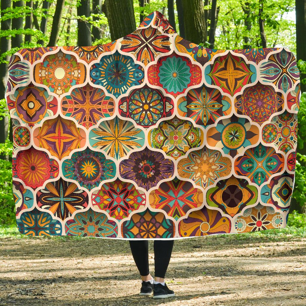 Mandala Mosaic Themed Design Print Hooded Blanket-JTAMIGO.COM