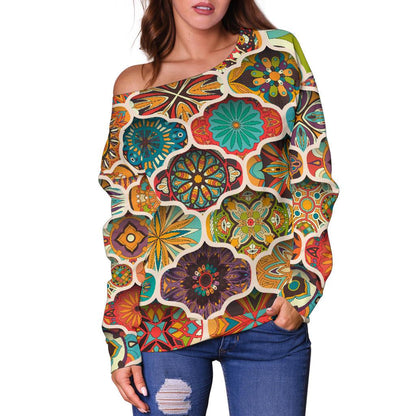 Mandala Mosaic Themed Design Print Off Shoulder Sweatshirt