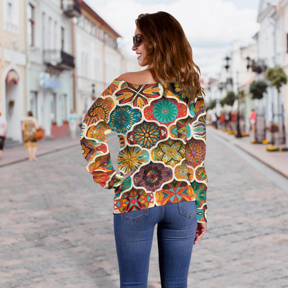 Mandala Mosaic Themed Design Print Off Shoulder Sweatshirt