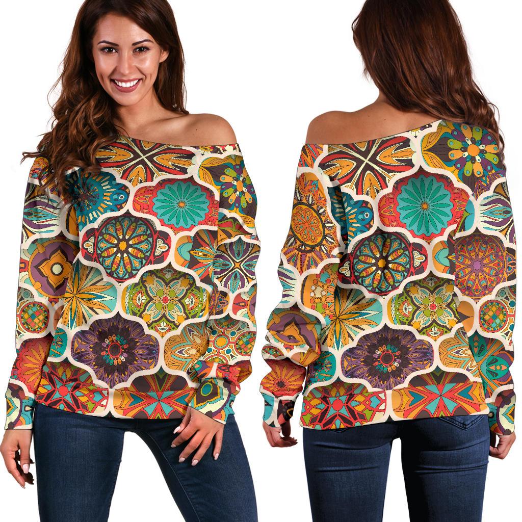 Mandala Mosaic Themed Design Print Off Shoulder Sweatshirt