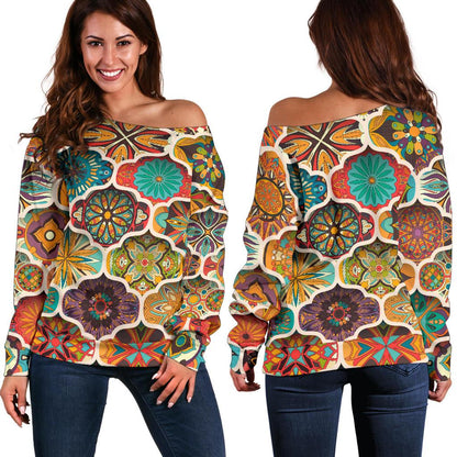 Mandala Mosaic Themed Design Print Off Shoulder Sweatshirt