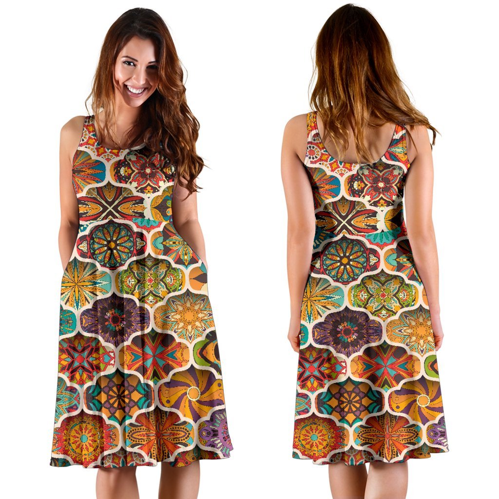 Mandala Mosaic Themed Design Print Sleeveless Dress
