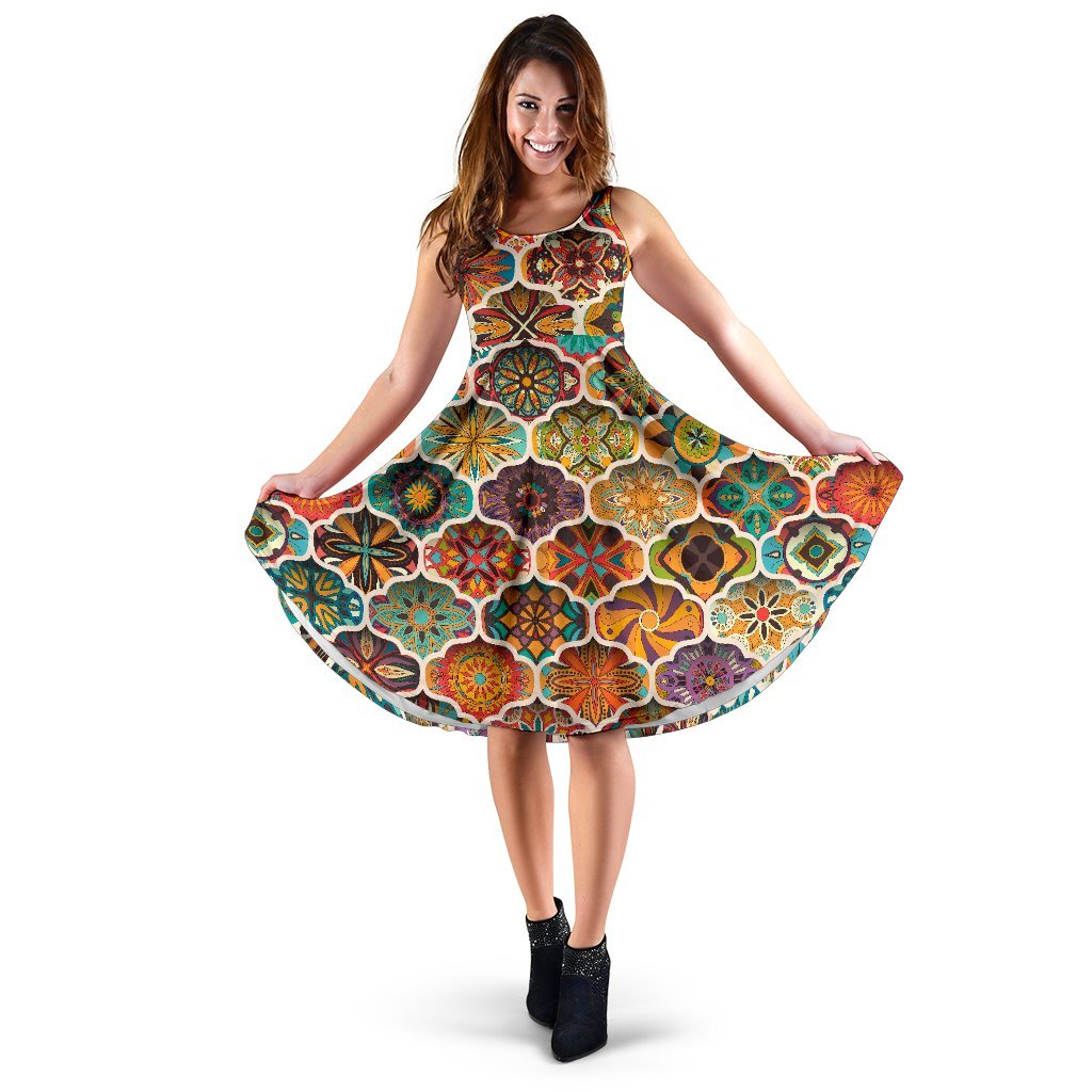 Mandala Mosaic Themed Design Print Sleeveless Dress
