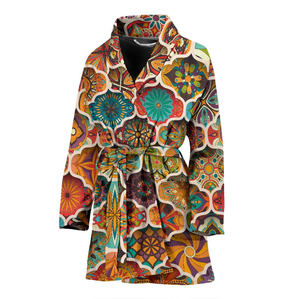 Mandala Mosaic Themed Design Print Women Bath Robe-JTAMIGO.COM