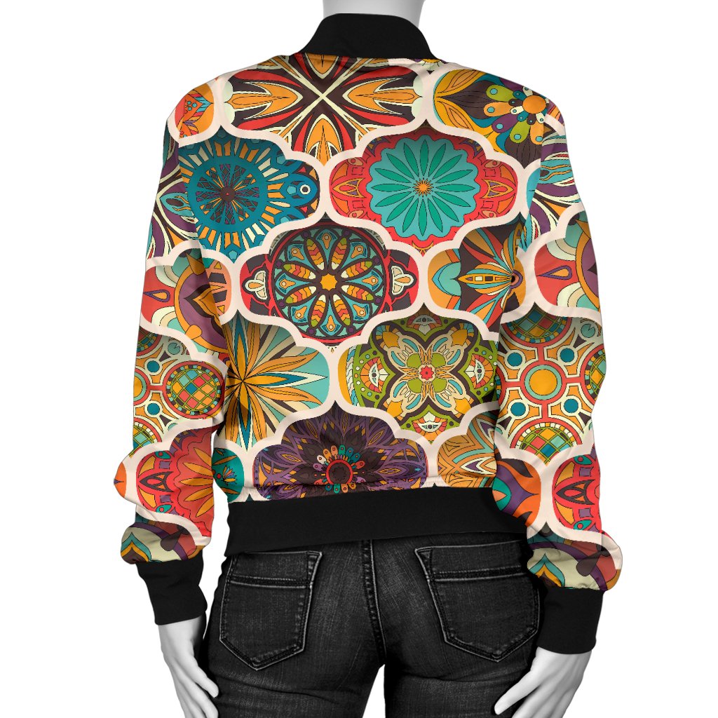 Mandala Mosaic Themed Design Print Women Casual Bomber Jacket