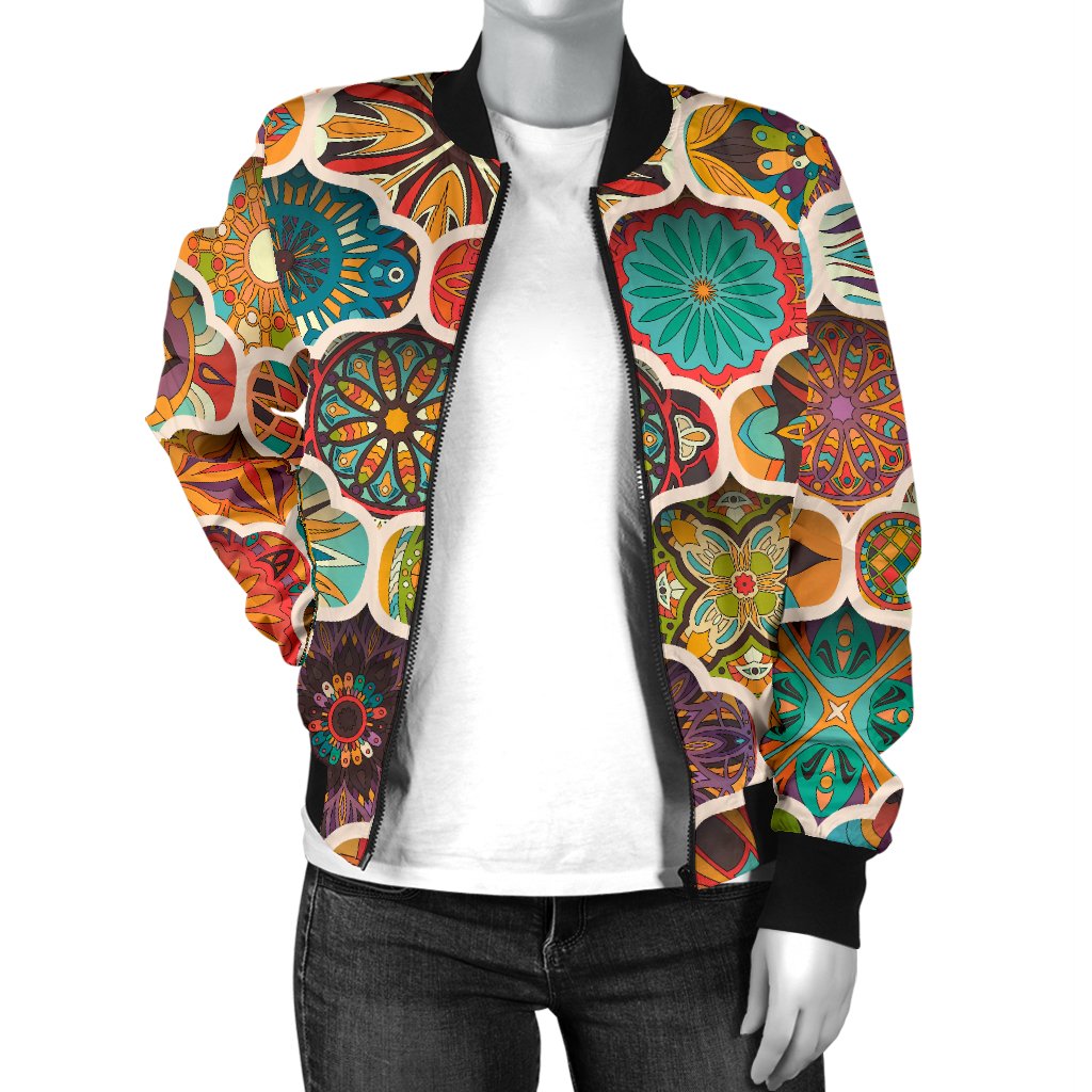 Mandala Mosaic Themed Design Print Women Casual Bomber Jacket