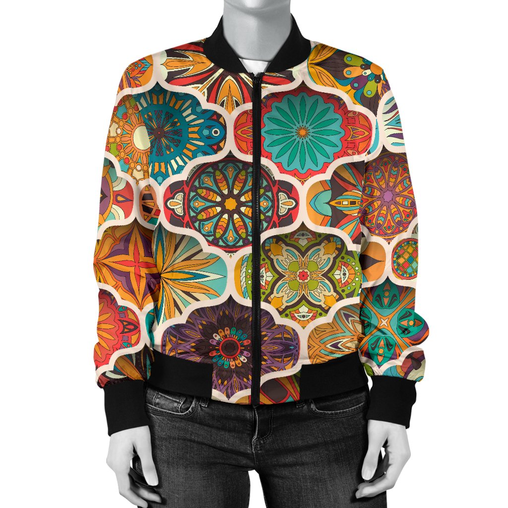 Mandala Mosaic Themed Design Print Women Casual Bomber Jacket