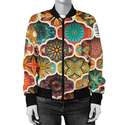 Mandala Mosaic Themed Design Print Women Casual Bomber Jacket
