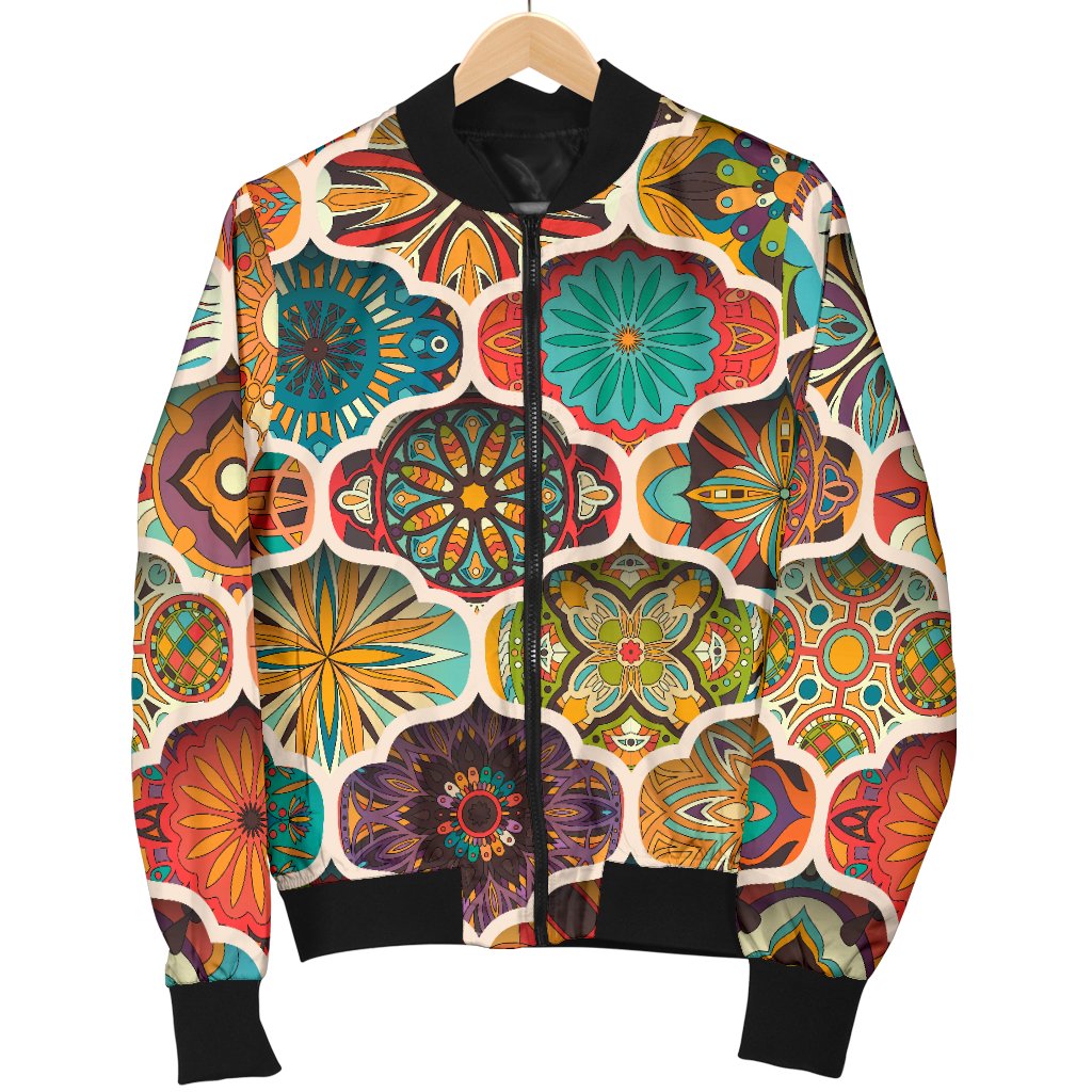 Mandala Mosaic Themed Design Print Women Casual Bomber Jacket