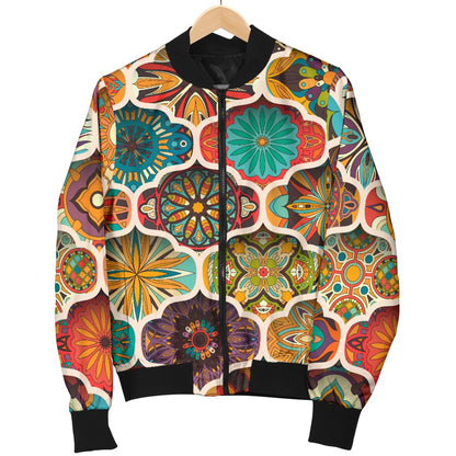 Mandala Mosaic Themed Design Print Women Casual Bomber Jacket