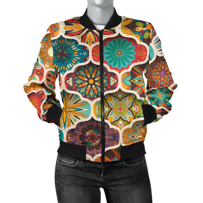 Mandala Mosaic Themed Design Print Women Casual Bomber Jacket