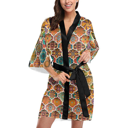 Mandala Mosaic Themed Design Print Women Short Kimono Robe