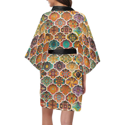 Mandala Mosaic Themed Design Print Women Short Kimono Robe