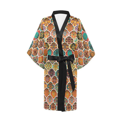 Mandala Mosaic Themed Design Print Women Short Kimono Robe