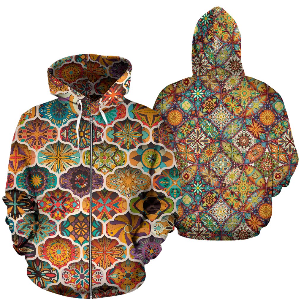 Mandala Mosaic Themed Design Print Zip Up Hoodie