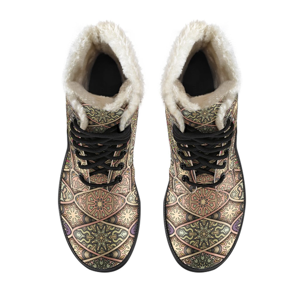 Mandala Motif Themed Design Print Faux Fur Leather Boots-JTAMIGO.COM