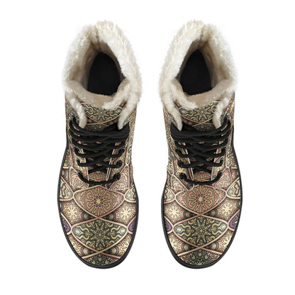 Mandala Motif Themed Design Print Faux Fur Leather Boots-JTAMIGO.COM