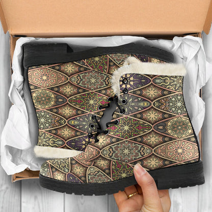 Mandala Motif Themed Design Print Faux Fur Leather Boots-JTAMIGO.COM