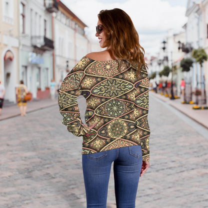 Mandala Motif Themed Design Print Off Shoulder Sweatshirt