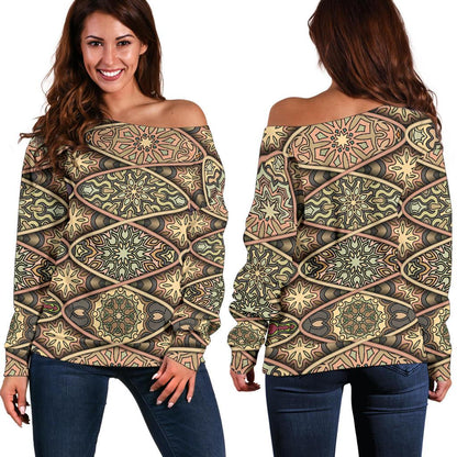 Mandala Motif Themed Design Print Off Shoulder Sweatshirt