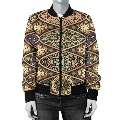 Mandala Motif Themed Design Print Women Casual Bomber Jacket