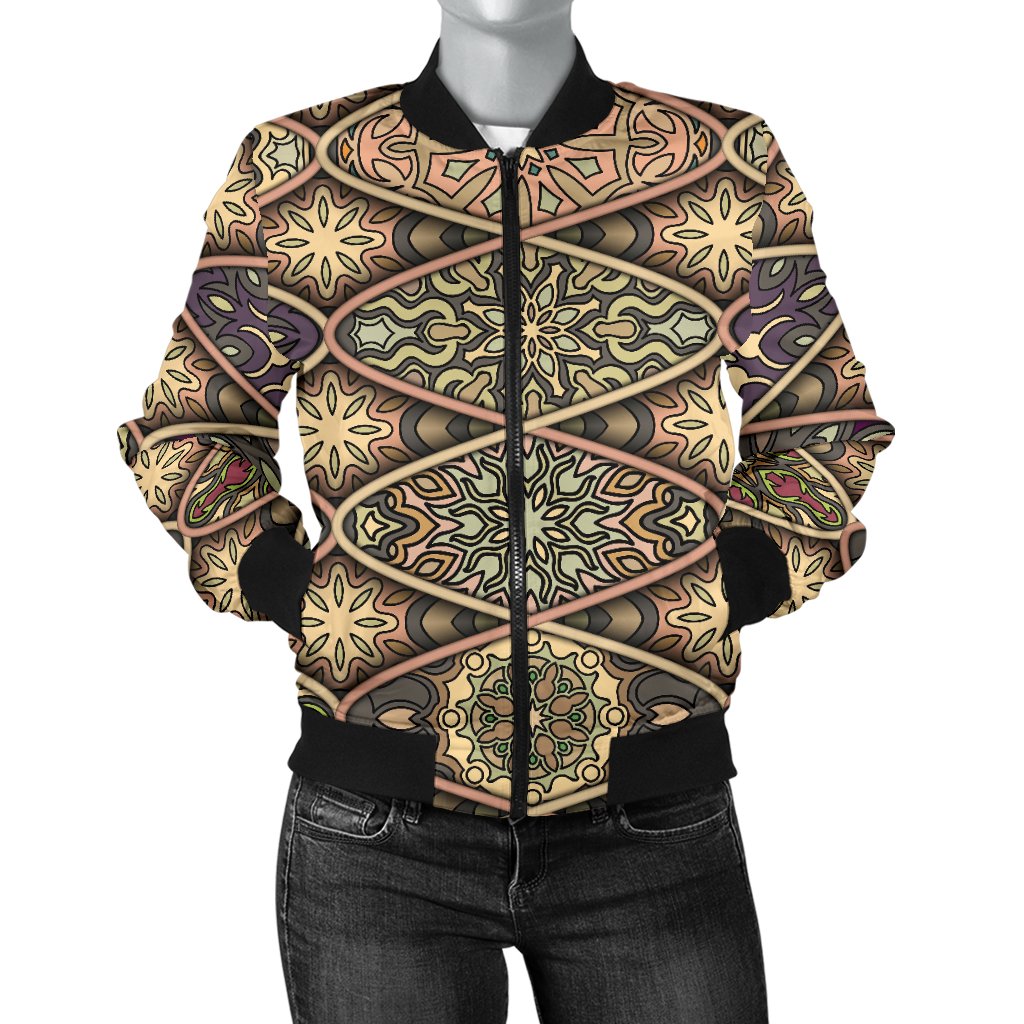 Mandala Motif Themed Design Print Women Casual Bomber Jacket
