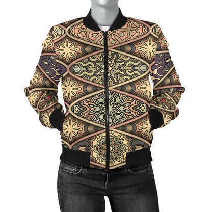 Mandala Motif Themed Design Print Women Casual Bomber Jacket