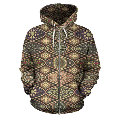 Mandala Motif Themed Design Print Zip Up Hoodie