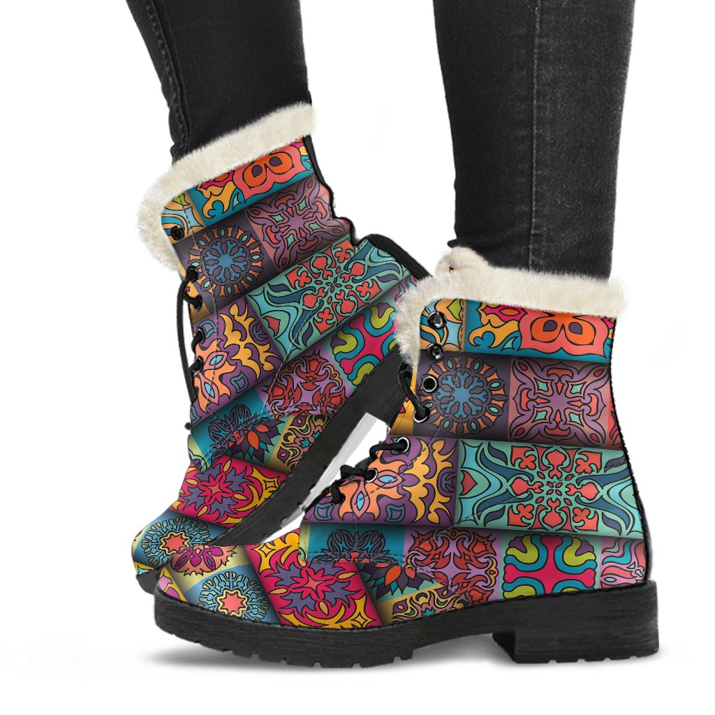 Mandala Style Design Print Faux Fur Leather Boots-JTAMIGO.COM