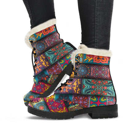 Mandala Style Design Print Faux Fur Leather Boots-JTAMIGO.COM