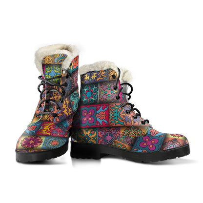 Mandala Style Design Print Faux Fur Leather Boots-JTAMIGO.COM